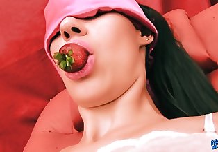 Hot als Ferse Brünette Mund Spielen mit strawberrys