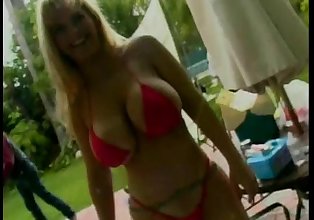 Horny blonde MILF with huge tits gets her pussy licked outdoors then fucks