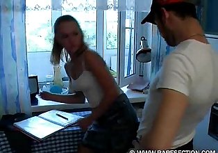 Blonde house maid gets physically abused by a delivery boy