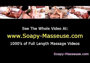 Sexy masseuse babe gives blowjob and soapy massage