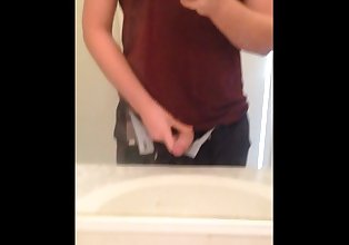 Jacking off 19 y/o uncut cock in the mirror and cumming